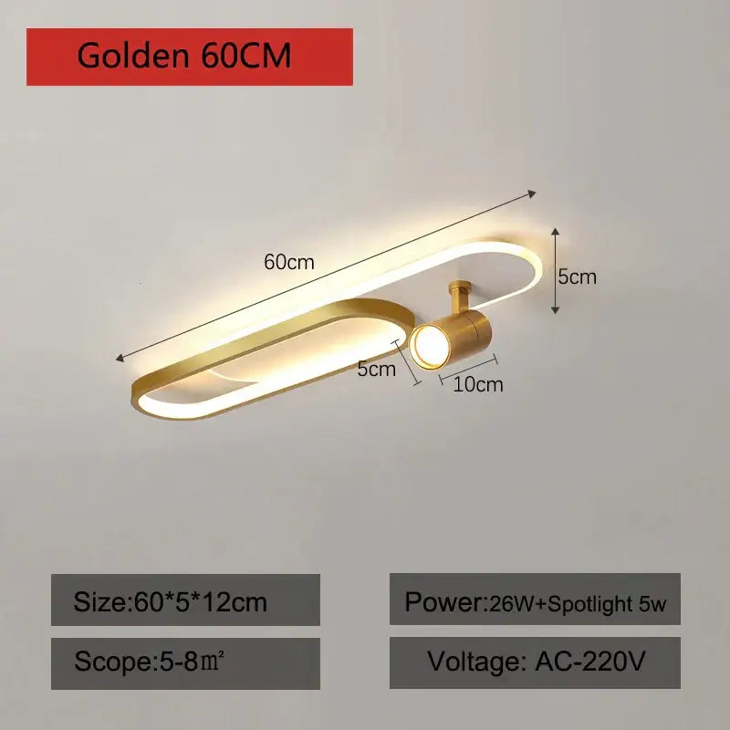 Golden 60cm decorbites led ceiling light with sleek elongated design and integrated spotlight for modern interiors