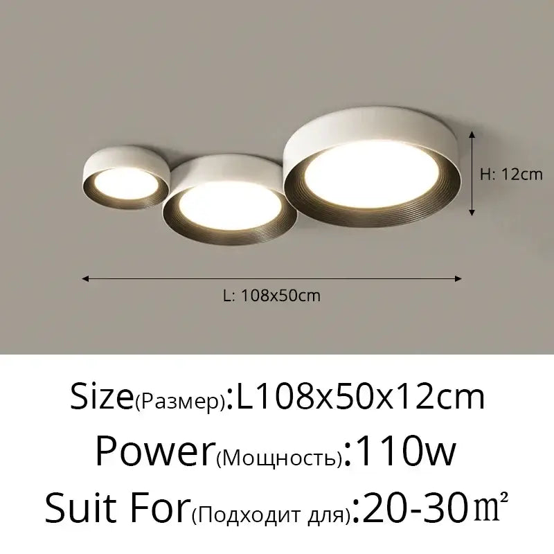 DecorBites™ modern white led ceiling lights with three circular bulbs and metallic rim for bedroom and home lighting
