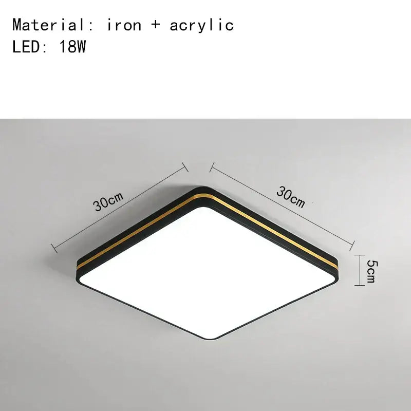 Decorbites led ceiling light featuring a modern black iron and acrylic frame with thin gold trim ceiling light