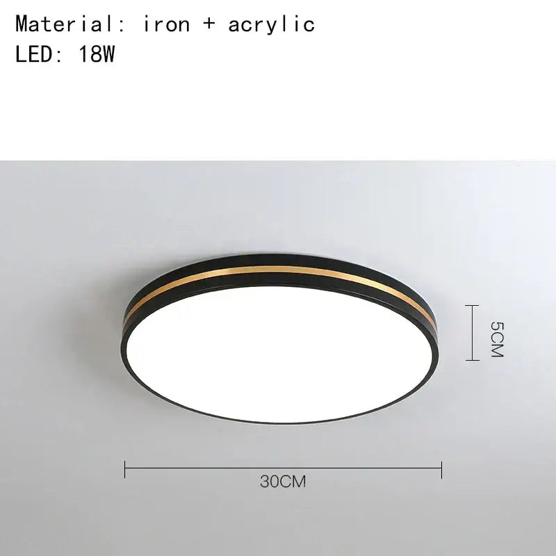 Modern round ceiling light with black iron frame gold trim and acrylic diffuser by DecorBites LED ceiling lights