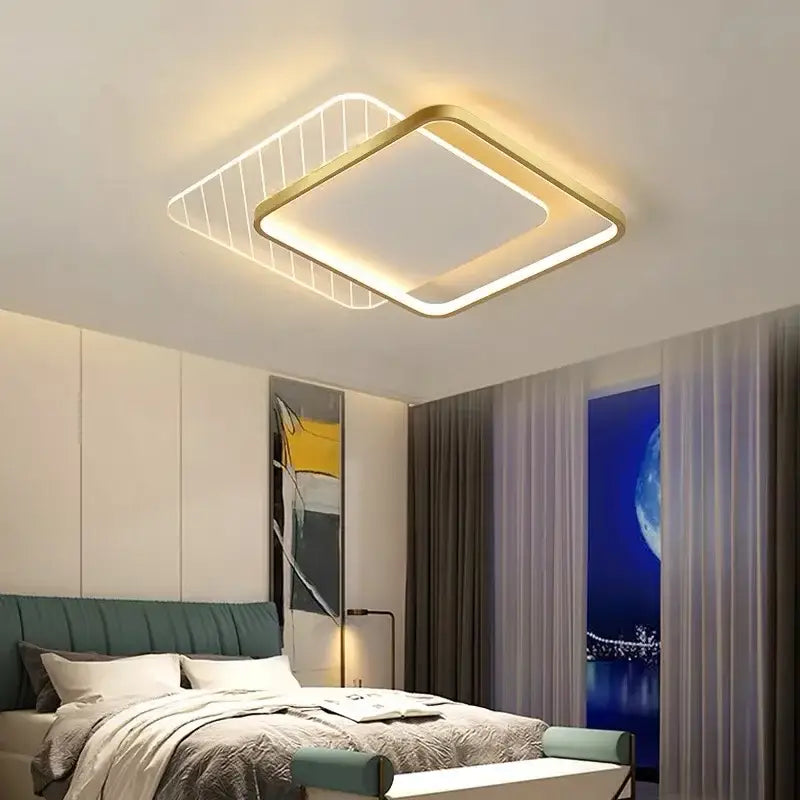 Modern minimalist decorbites led ceiling light with gold frame and glowing white led edges for warm home decor