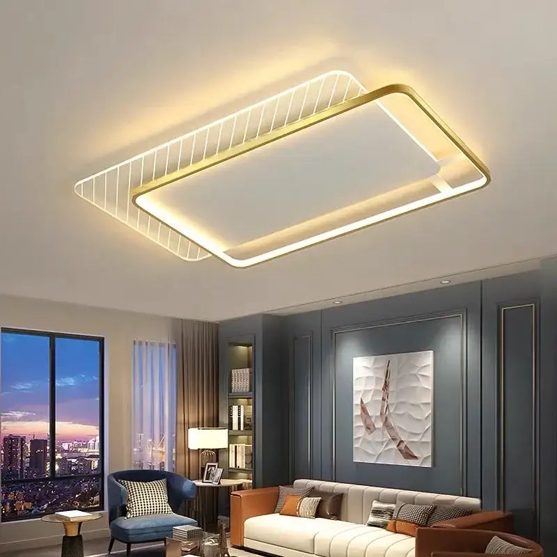 Modern rectangular decorbites led ceiling light with gold frame and warm white led illumination for living room and bedroom