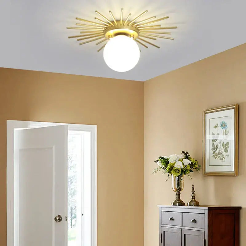 DecorBites led ceiling gold sunburst light with round white globe for modern Nordic home hallway lighting