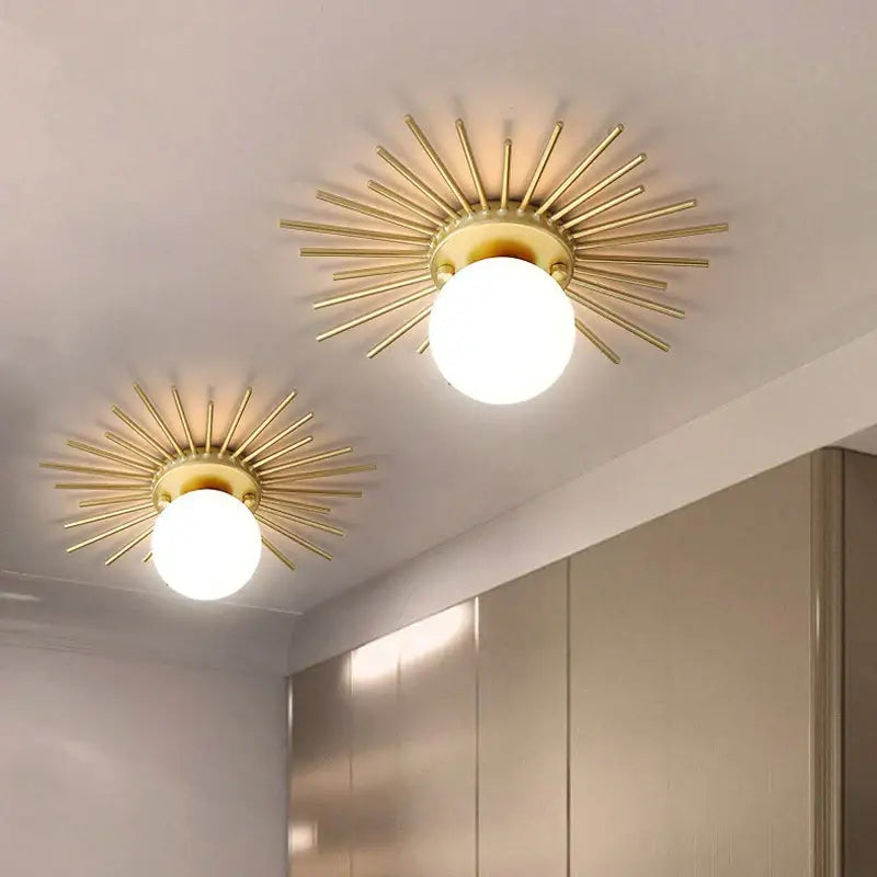 Gold sunburst decorbites led ceiling light with frosted glass globe for modern nordic hallway and locker room decor