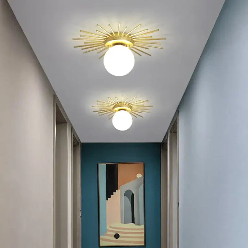 Gold sunburst decorbites led ceiling light with round white globe bulb for modern nordic hallway and locker room lighting
