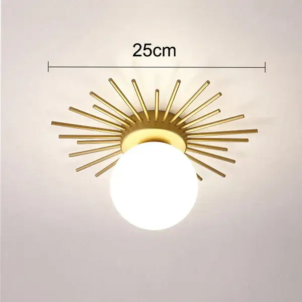 Gold sunburst decorbites led ceiling light with round white globe for modern nordic hallway and locker room lighting