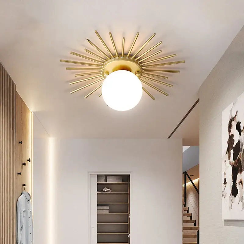 Gold sunburst decorbites led ceiling light with frosted glass globe for modern nordic home hallway lighting