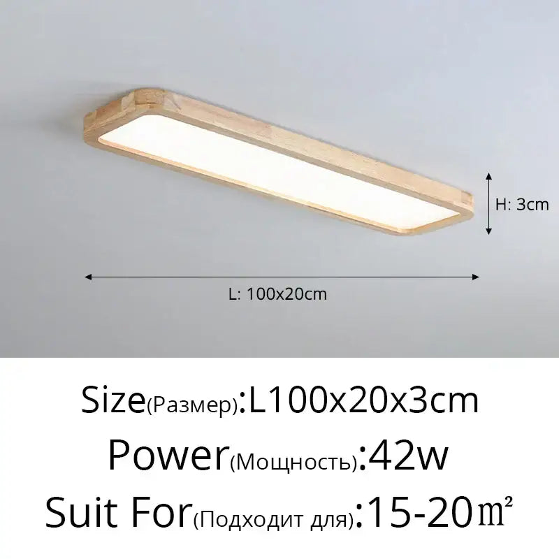 A minimalist rectangular decorbites led ceiling light with natural wood frame and frosted glass panel for modern rooms
