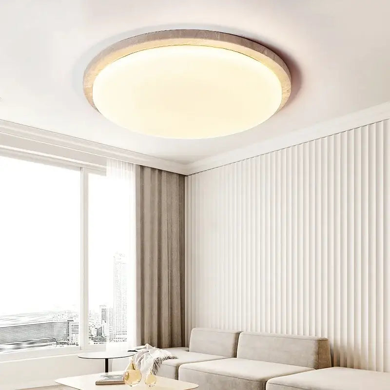 DecorBites led ceiling light with warm diffused glow and wooden textured frame in modern Nordic white stone design
