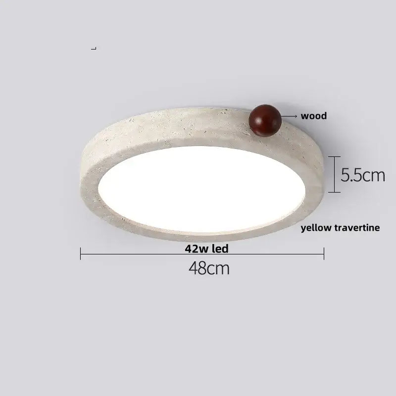 Decorbites led ceiling modern nordic white stone plafond lamp with textured yellow travertine frame and dark wood sphere accent