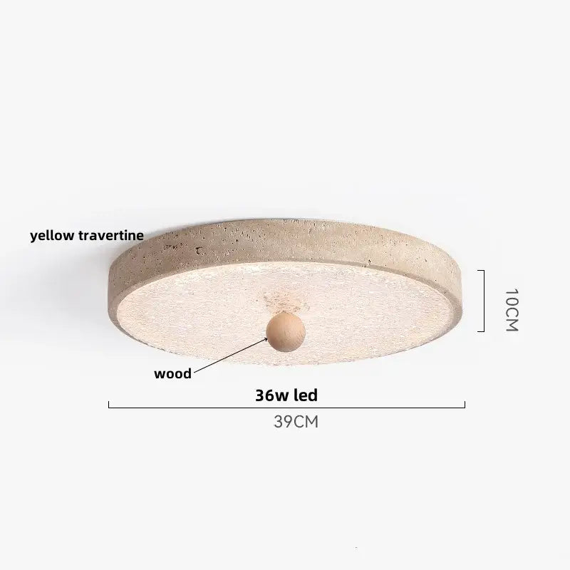 Decorbites led ceiling light with textured yellow travertine ring and central wooden sphere 36w led bulb