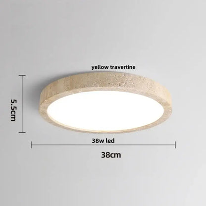 Circular led ceiling light with textured yellow travertine frame and bright white led panel by DecorBites LED Ceiling