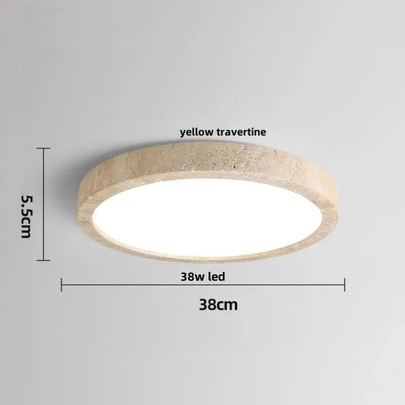 Circular led ceiling light with textured yellow travertine frame and bright white led panel by DecorBites LED Ceiling