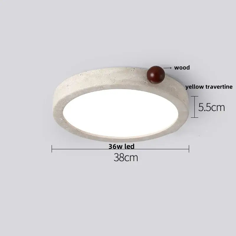 Circular decorbites led ceiling light with white travertine ring and dark wood sphere accent in modern nordic style