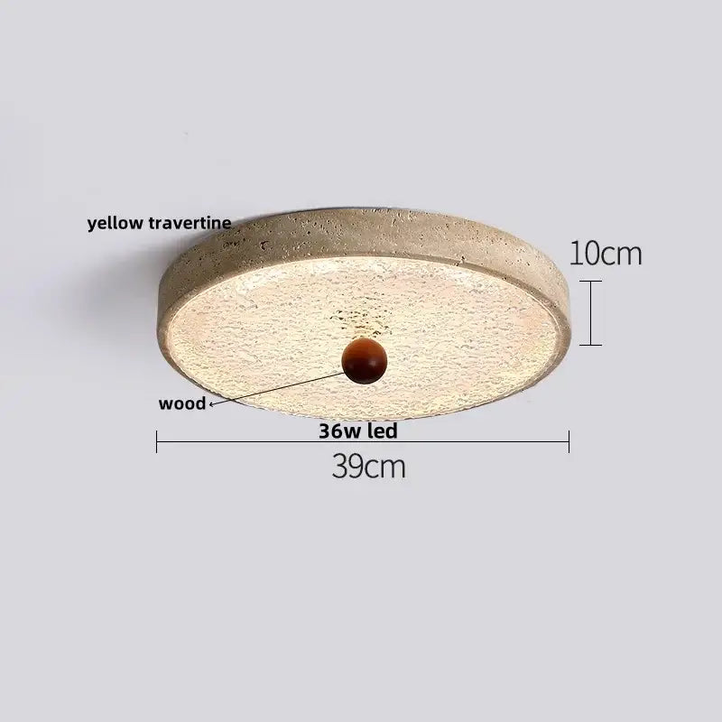 Decorbites led ceiling light with textured yellow travertine and wood composite design featuring dark brown spherical accent