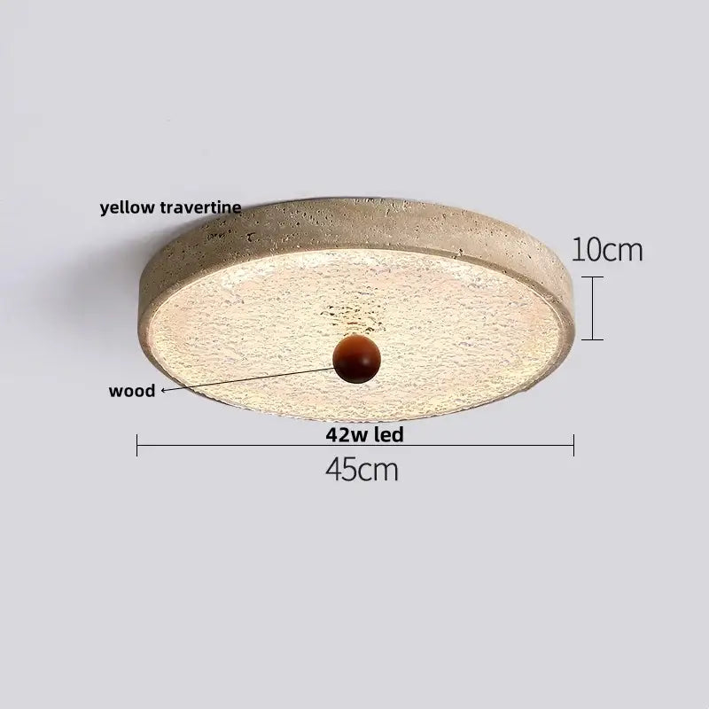 Decorbites led ceiling light featuring textured yellow travertine and wood composite design with dark brown sphere accent