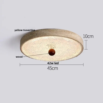 Decorbites led ceiling light featuring textured yellow travertine and wood composite design with dark brown sphere accent