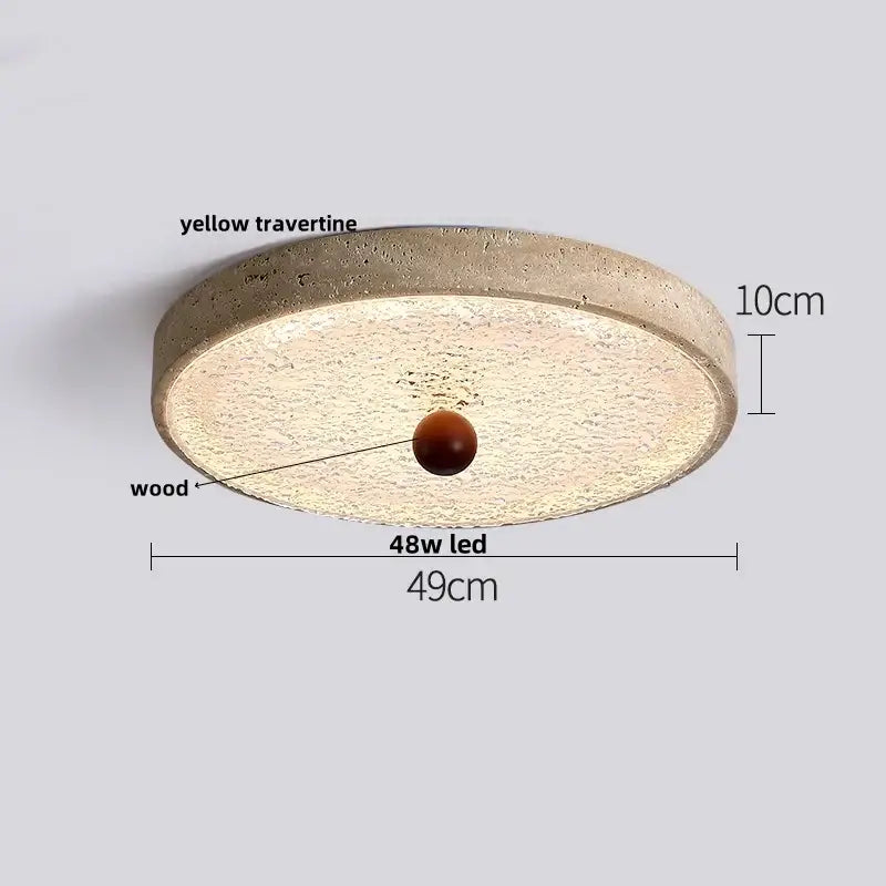 Decorbites led ceiling light with textured yellow travertine ring wood disc and central amber sphere accent