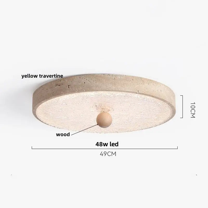 Decorbites led ceiling light with textured yellow travertine top, wood base, and central wooden sphere modern nordic style