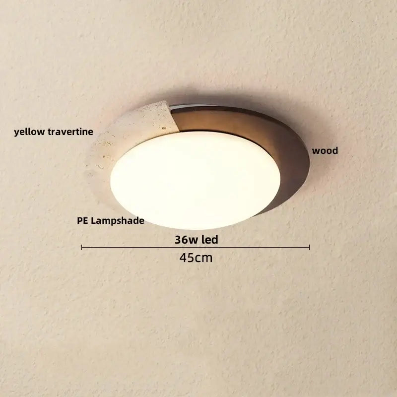 Decorbites led ceiling light with warm white pe lampshade, bronze wood ring, and yellow travertine stone accent