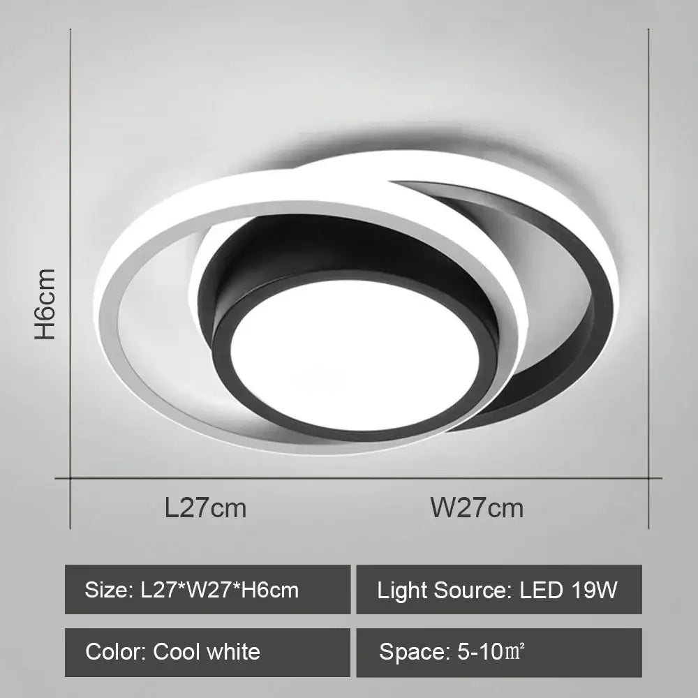 Modern minimalist decorbites led ceiling light with two interlocking black and white rings and 19w cool white led bulb