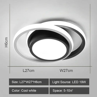 Modern minimalist decorbites led ceiling light with two interlocking black and white rings and 19w cool white led bulb