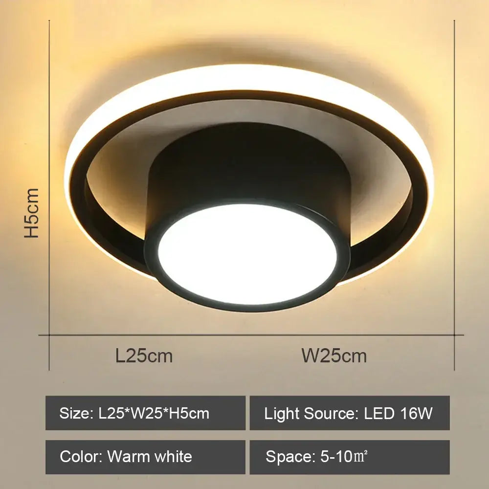 Modern circular decorbites led ceiling light with sleek black and white design emitting warm white illumination