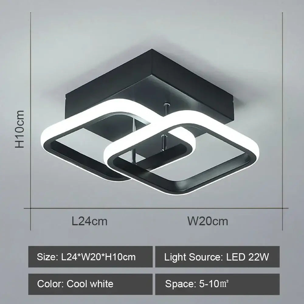 Black square decorbites led ceiling light with two interlocking white illuminated rectangular rings for modern living room lighting