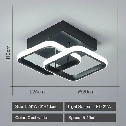 Black square decorbites led ceiling light with two interlocking white illuminated rectangular rings for modern living room lighting