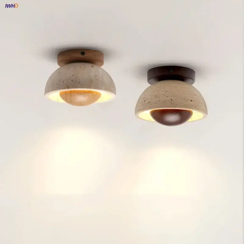 Two decorbites led ceiling lights with textured concrete shades and wooden bases in modern style for balcony or living room
