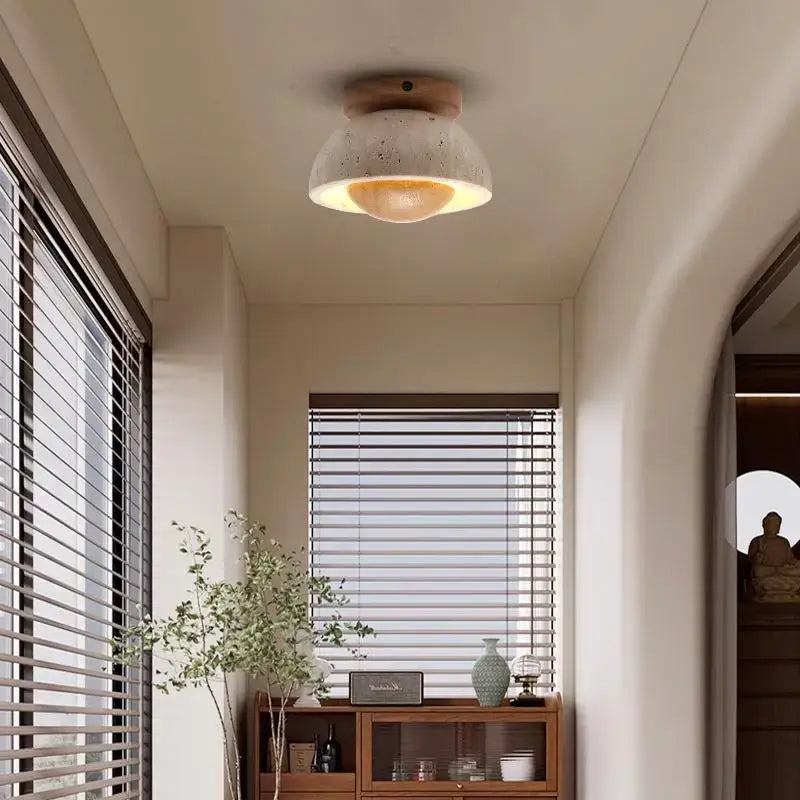 A warm-toned speckled concrete decorbites led ceiling light with wooden base in modern style for balcony living room