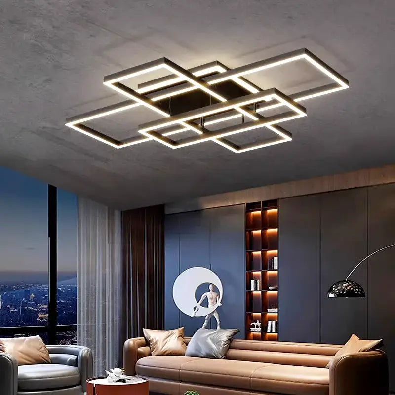 Modern geometric decorbites led ceiling lights with intersecting rectangular frames and warm white illumination for indoor use