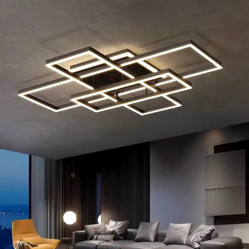 Modern geometric decorbites led ceiling lights with intersecting rectangular frames emitting warm white illumination
