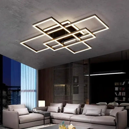 Modern geometric decorbites led ceiling lights with intersecting rectangular frames emitting warm glow for indoor lighting