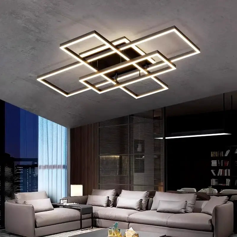 Modern geometric decorbites led ceiling lights with intersecting rectangular frames emitting warm glow for indoor lighting