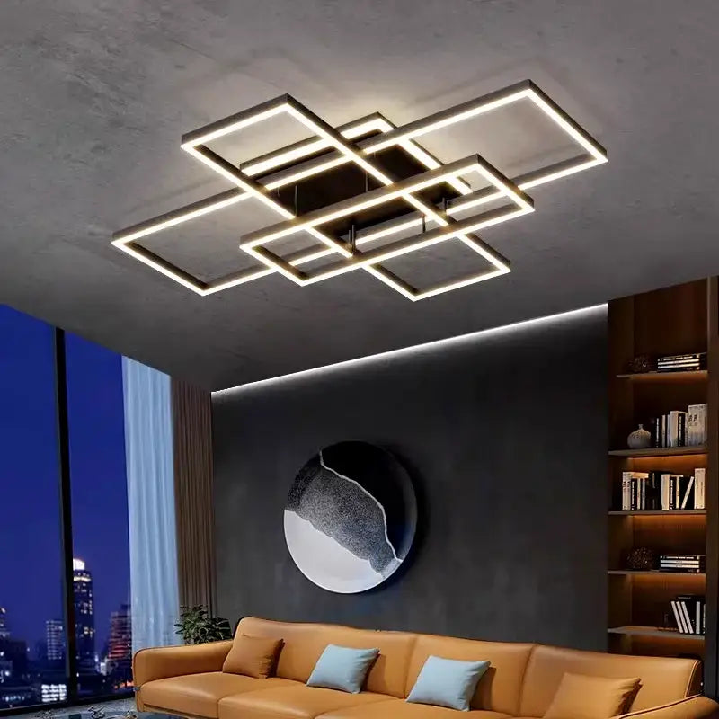 Modern geometric decorbites led ceiling lights with intersecting rectangular frames emitting warm glow for boy bedroom decor