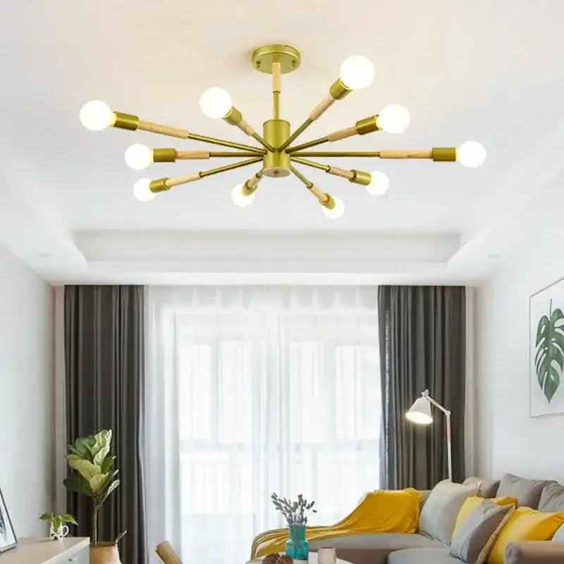 Gold-finished decorbites led ceiling lights with wooden lampshades featuring exposed bulbs for modern livingroom and bedroom