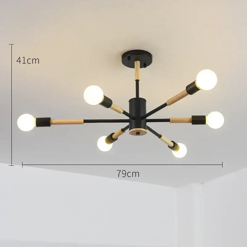 DecorBites LED ceiling lights feature a modern black and wood-toned fixture with six exposed bulbs for livingroom or bedroom
