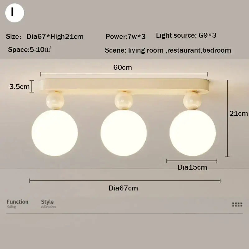 Cream-colored decorbites led ceiling moon light fixture with three glass bulbs and pearl-like decorative spheres for bedroom lighting