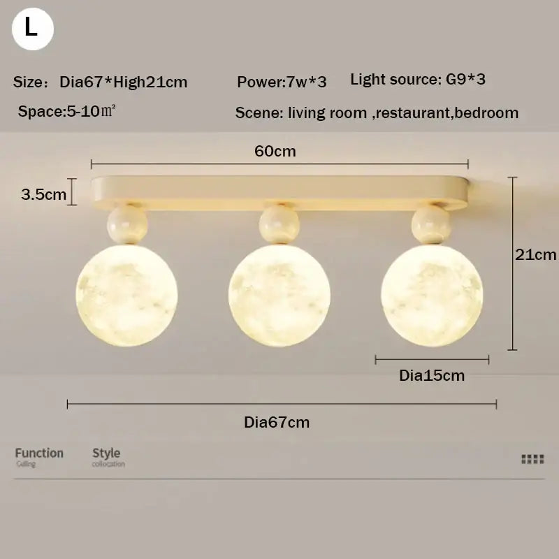 Cream-colored decorbites led ceiling moon light fixture with three spherical bulbs on a minimalist bedroom bar