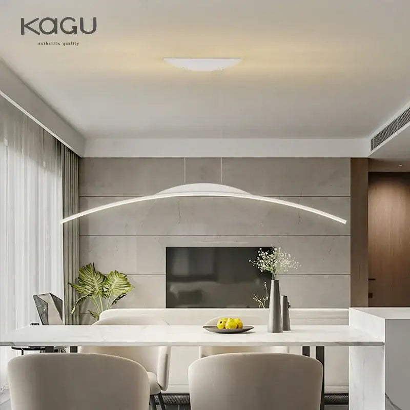 Modern white decorbites led ceiling pendant lamp with sleek curved design hanging above dining table minimalist chandelier