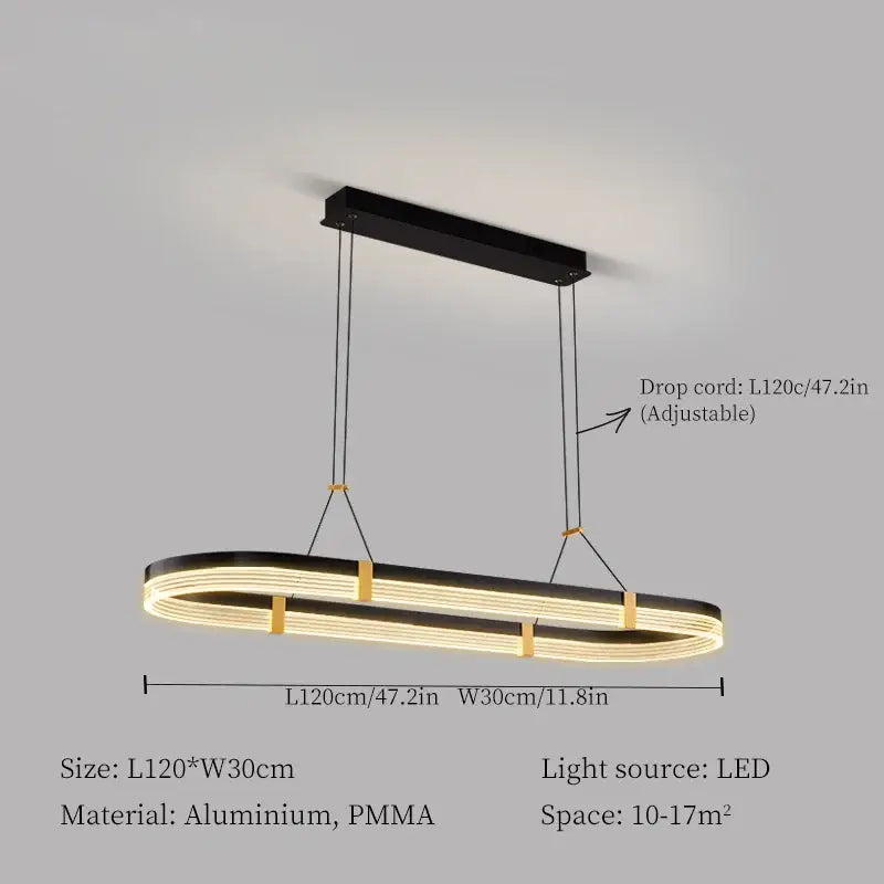 Modern decorbites led ceiling pendant light with oval black aluminum frame and warm pmma diffuser for living room decor