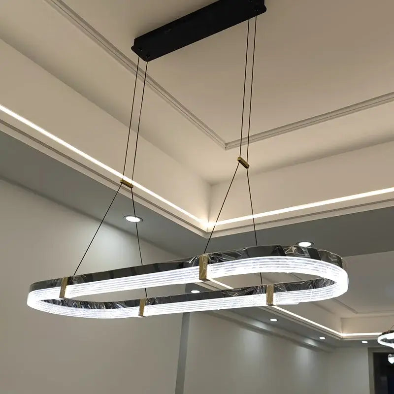 Modern decorbites led ceiling pendant light with oval chrome and gold rings for living room and dining table decor