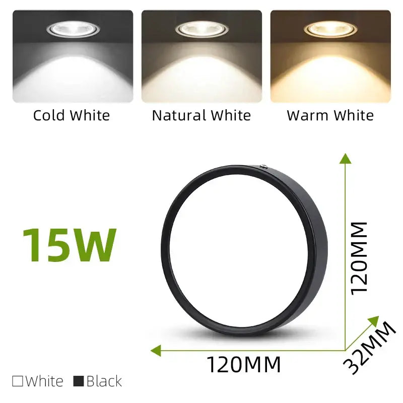 Black circular DecorBites™ LED ceiling spot downlight 15w with cold, natural, and warm white lighting options for home use