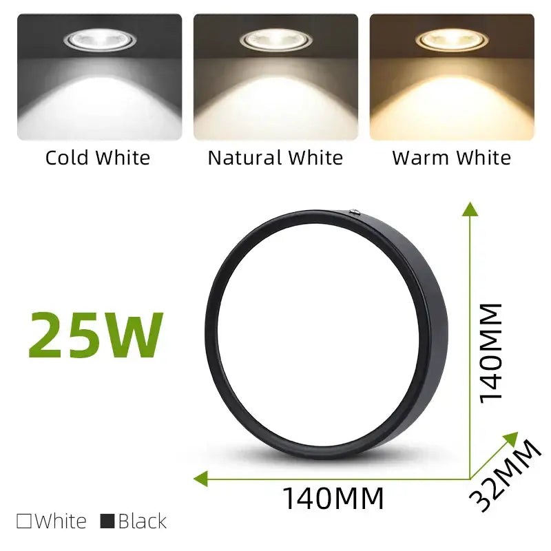 Decorbites™ black circular led ceiling spot downlight 25w with cold, natural, and warm white lighting options for home