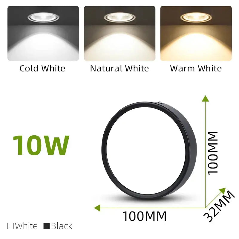 Black 10w circular recessed led ceiling spot with modern design and three color temperature options for home lighting