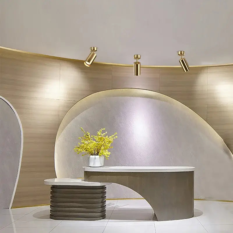 Modern curved reception desk with sleek metallic finish showcased alongside decorbites led ceiling spotlight