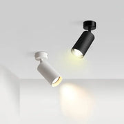 Decorbites led ceiling spotlight with two modern black and white cylindrical track lights emitting warm glow