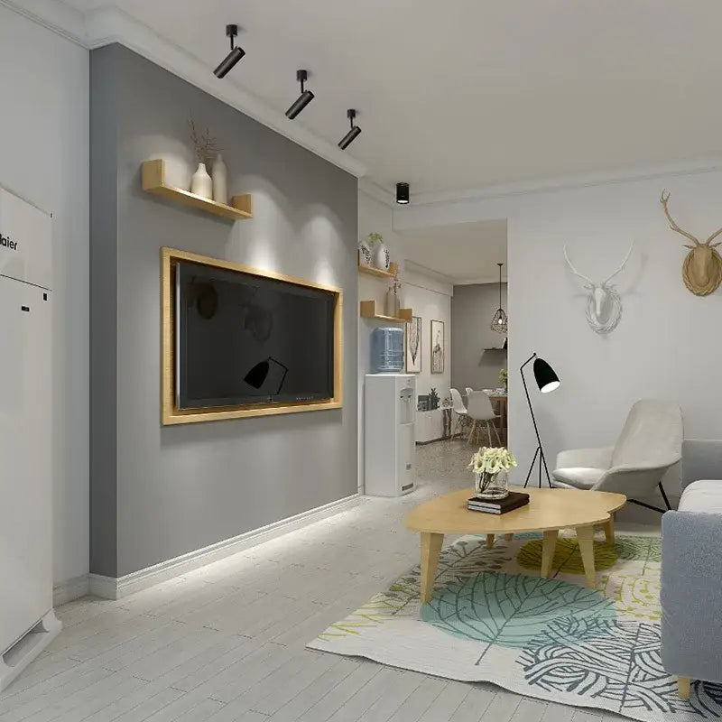 Wood-framed flat-screen television mounted on gray wall with DecorBites led ceiling 7W spotlights 360+90 rotation