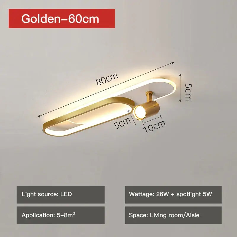 Golden 60cm decorbites led ceiling spotlight with sleek oval design and integrated spotlight for modern interior lighting